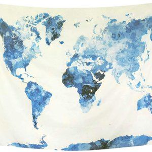 Blue Watercolor World Tapestry